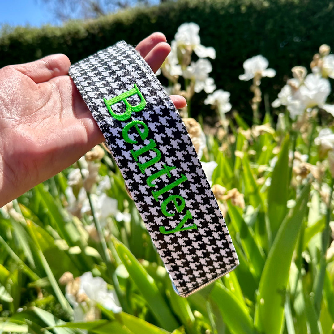 Houndstooth Design black and white Martingale Collar for greyhound with bright green embroidery personalisation "Bentley"