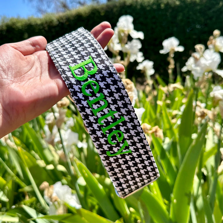 Houndstooth Design black and white Martingale Collar for greyhound with bright green embroidery personalisation "Bentley"