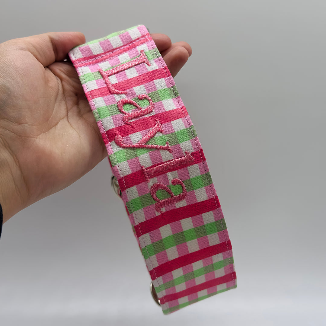 Christmas pink gingham personalised custom martingale dog collar. Light pink, hot pink and green gingham. Embroidered with greyhounds name Layla.