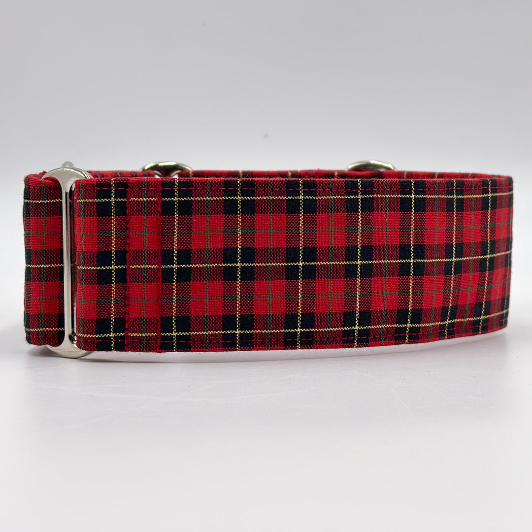 Red and black plaid martingale dog collar on a white background