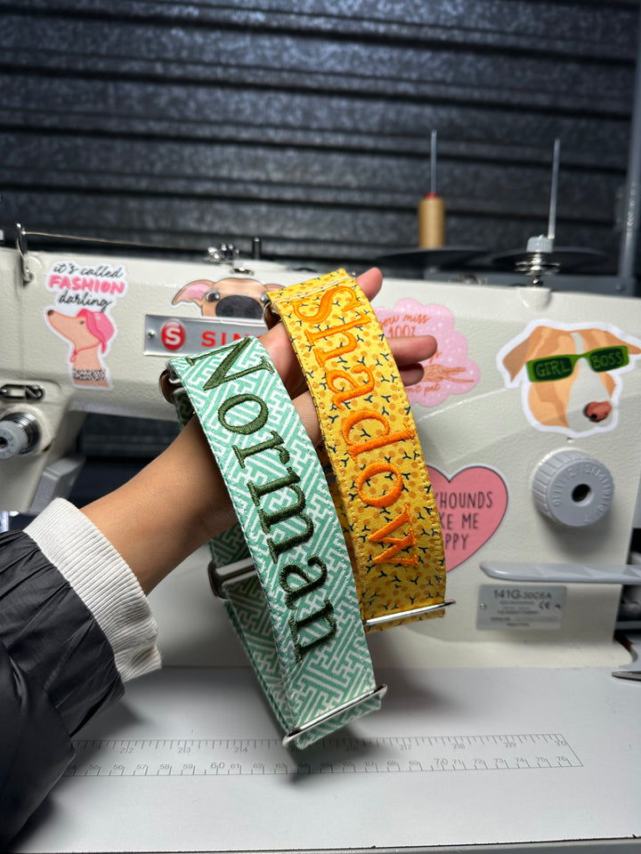 Personalised custom martingale dog collar 1.5” width For Shadow and Norman, green and white abstract martingale, yellow and black martingale
