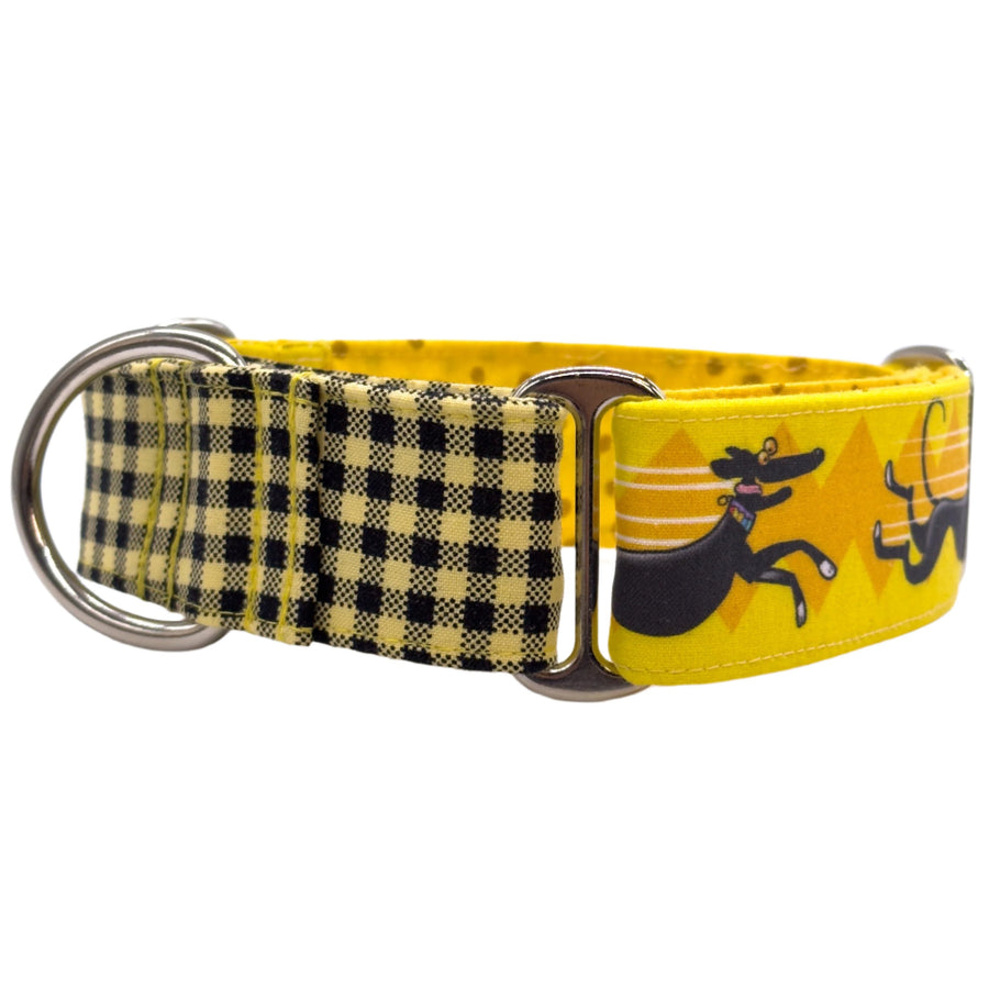 Front View of Martingale Collar with Black and Yellow Check and Black Greyhound