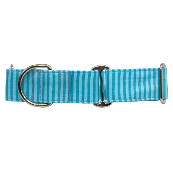 A light blue martingale dog collar with horizontal stripes, featuring a main body of thick durable fabric. The collar has two silver metal rings and a sliding adjuster to ensure a snug fit.