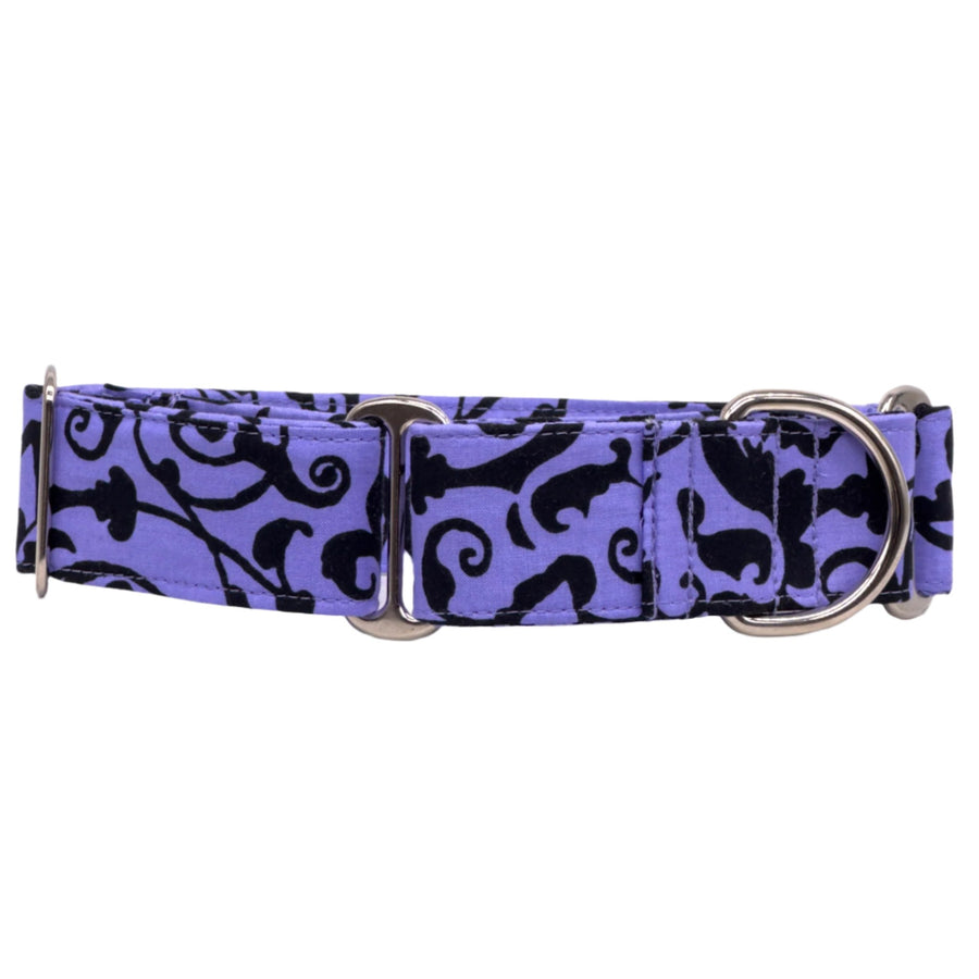 Front View of Purple Martingale Collar with Black Abstract Lines and Leaves