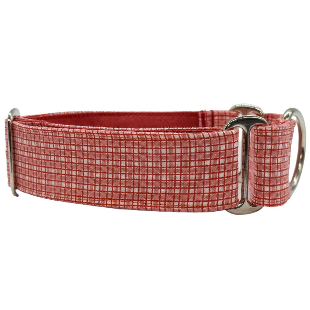 Side view of cherry red check martingale collar