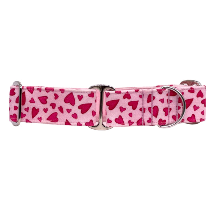 A charming martingale dog collar decorated with a pink fabric covered in darker pink hearts of various sizes. It features two shiny silver metal rings and an adjustable slider to ensure a comfortable fit.