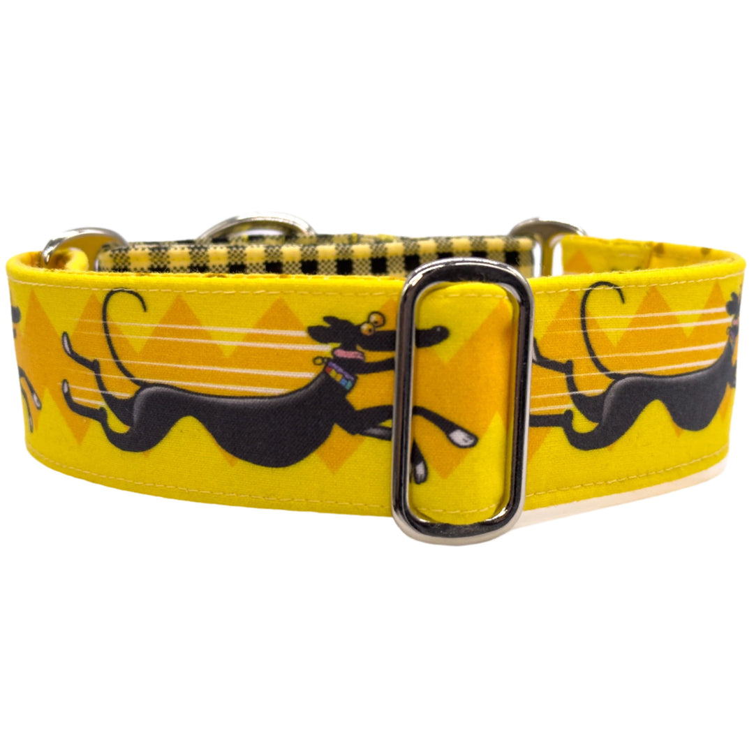 Bright Vibrant Yellow Martingale Collar with Black Greyhound Running for Joy