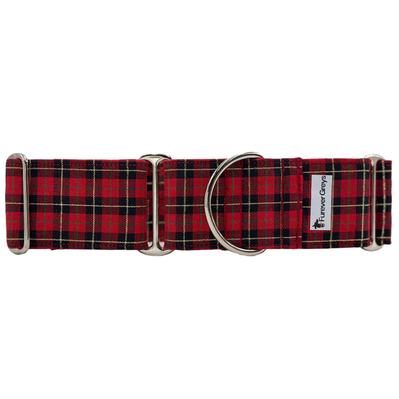 Red plaid martingale dog collar with metal D-ring on a white background
