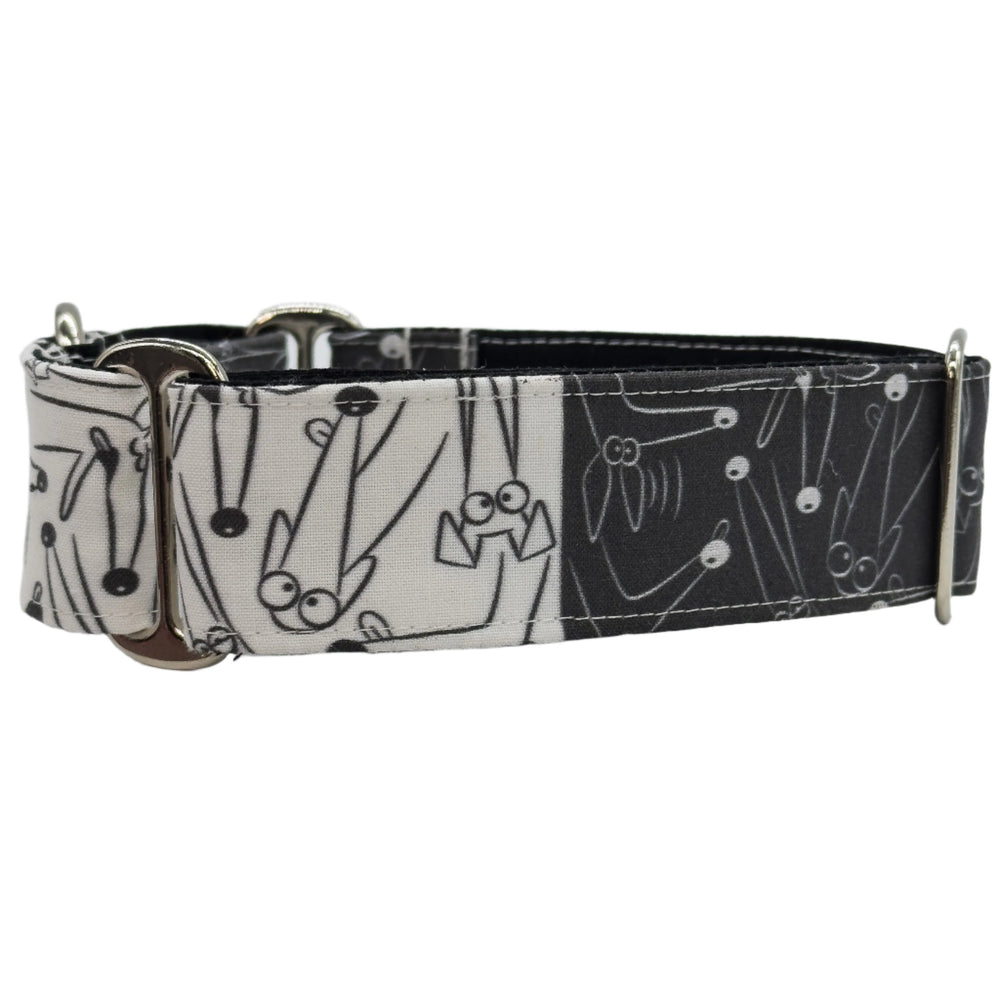 Black and White Martingale Collar with Greyhound Sketches - side view