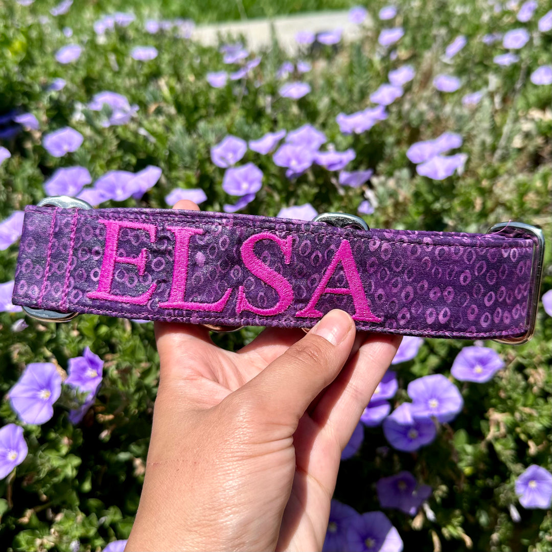 Electric purple martingale collar with personalisation. Custom made. Embroidery with purple thread for Elsa the greyhound. 